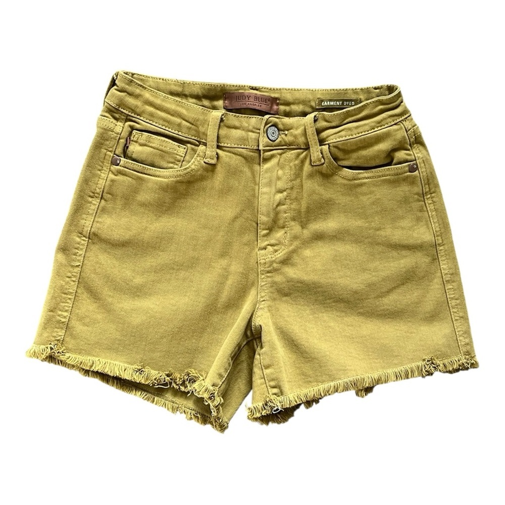 Judy Blue Mid Rise Frayed Hem Shorts Green Garment Dyed Size Medium - Picture 2 of 5
